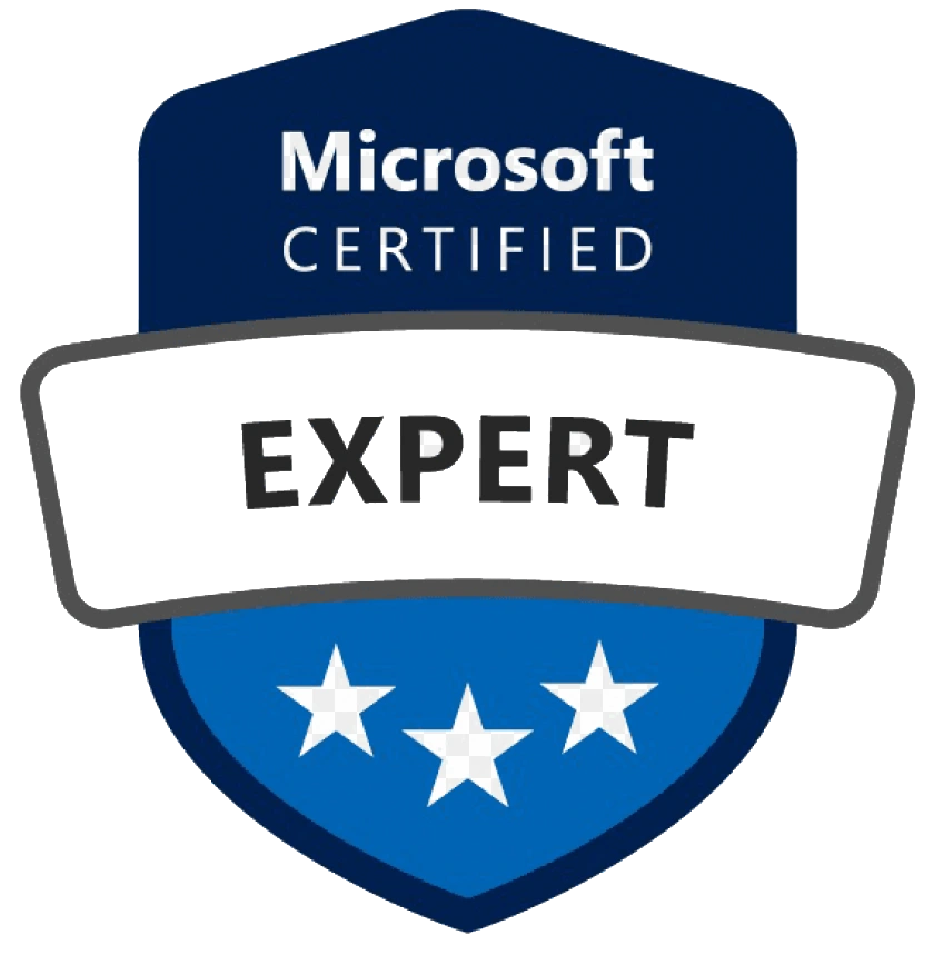 Microsoft Certified Expert badge with three white stars at the bottom on a blue shield background, and the words "Microsoft Certified" above "EXPERT" in bold