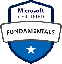 Microsoft Certified Fundamentals badge with a single white star at the bottom on a blue shield background, and the words "Microsoft Certified" above "FUNDAMENTALS" in bold.