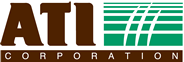 ATI Corporation logo featuring brown 'ATI' text on the left and green stylized lines representing a road or path on the right.